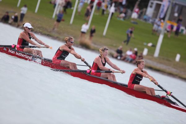 The winning Southern RPC women's premier four of (from right to left) Genevieve Behrent, Jess Lowe, Alex Burnside and Lucy Spoors powering their way to the finish line.